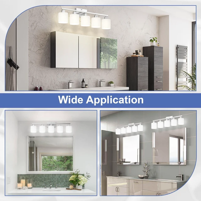 Alt view image 6 of 7 - Bathroom Lights Over Mirror Brushed Nickel, Anti-Rust 5-Light Bathroom Vanity Light Fixtures, Modern 28.34Inches Wall Sconces E26 Base, Milky White Glass Shades, Bulbs Not Included