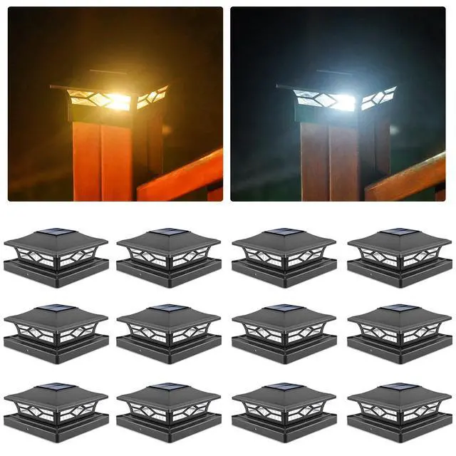 Main image of 12Pack Solar Post Cap Lights, 2 Color Modes Deck Lights, Black Waterproof solar lights fit 4x4/6x6 wooden & 4x4/5x5 vinyl posts, suitable for dock, fence, patio outdoor decorative lighting