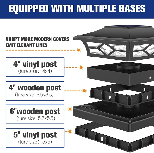 Alt view image 6 of 6 - 12Pack Solar Post Cap Lights, 2 Color Modes Deck Lights, Black Waterproof solar lights fit 4x4/6x6 wooden & 4x4/5x5 vinyl posts, suitable for dock, fence, patio outdoor decorative lighting
