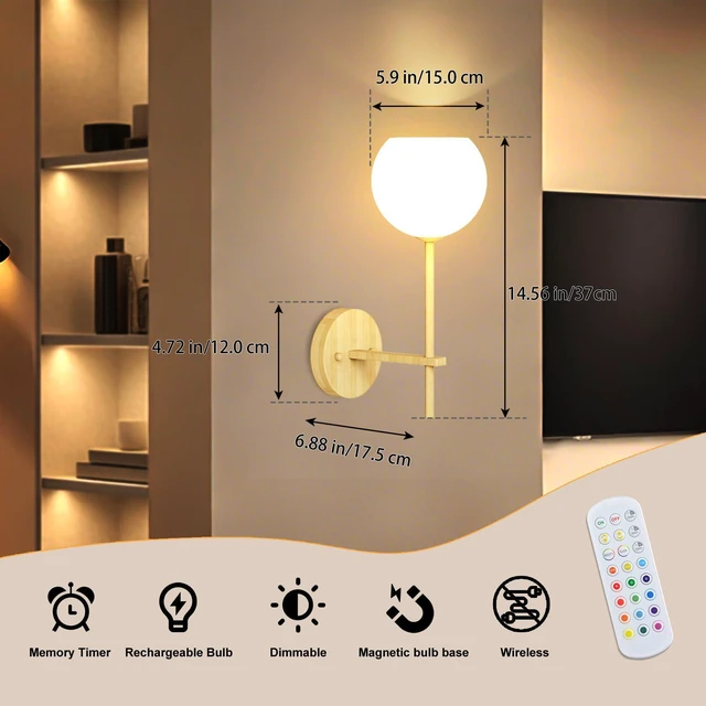 Alt view image 2 of 7 - Wood Grain Battery Operated Wall Sconces Set of 2, Rechargeable Wireless Wall Lights with Milky White Frosted Glass, 12 RGB and 3CCT Dimmable Wall Lamps with Remote for Bedroom Living Room Hallway