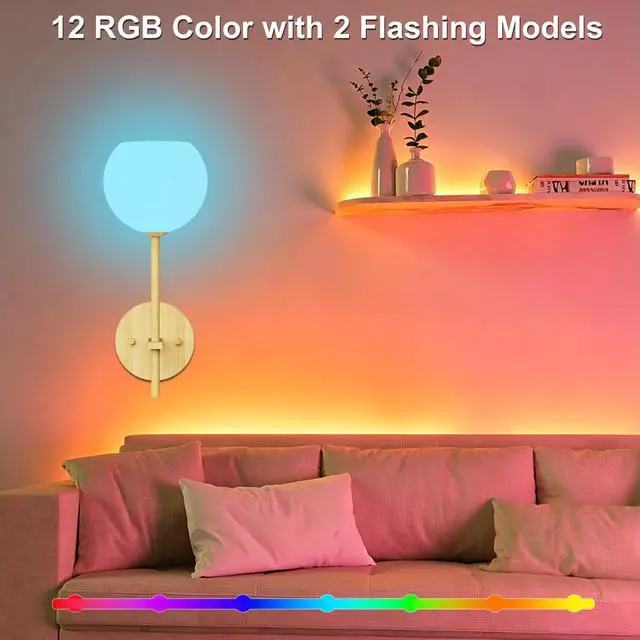 Alt view image 3 of 7 - Wood Grain Battery Operated Wall Sconces Set of 2, Rechargeable Wireless Wall Lights with Milky White Frosted Glass, 12 RGB and 3CCT Dimmable Wall Lamps with Remote for Bedroom Living Room Hallway