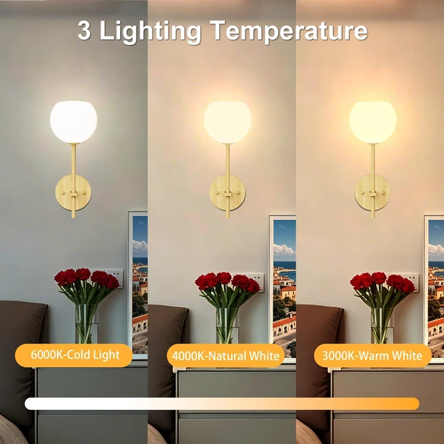 Alt view image 4 of 7 - Wood Grain Battery Operated Wall Sconces Set of 2, Rechargeable Wireless Wall Lights with Milky White Frosted Glass, 12 RGB and 3CCT Dimmable Wall Lamps with Remote for Bedroom Living Room Hallway