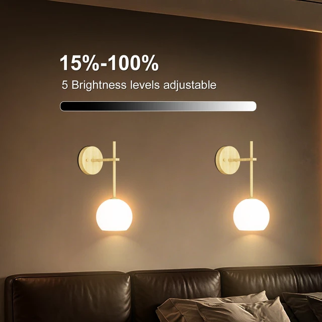 Alt view image 6 of 7 - Wood Grain Battery Operated Wall Sconces Set of 2, Rechargeable Wireless Wall Lights with Milky White Frosted Glass, 12 RGB and 3CCT Dimmable Wall Lamps with Remote for Bedroom Living Room Hallway