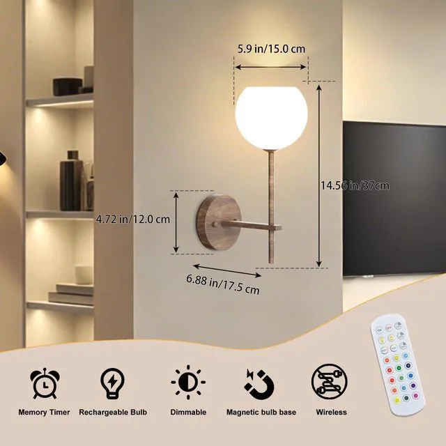 Alt view image 2 of 7 - Walnut Grain Battery Operated Wall Sconces Set of 2, Rechargeable Wireless Wall Lights with Milky White Frosted Glass, 12 RGB and 3CCT Dimmable, Wall Lamps with Remote for Bedroom Living Room Hallway