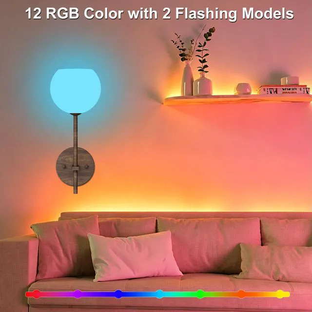 Alt view image 3 of 7 - Walnut Grain Battery Operated Wall Sconces Set of 2, Rechargeable Wireless Wall Lights with Milky White Frosted Glass, 12 RGB and 3CCT Dimmable, Wall Lamps with Remote for Bedroom Living Room Hallway