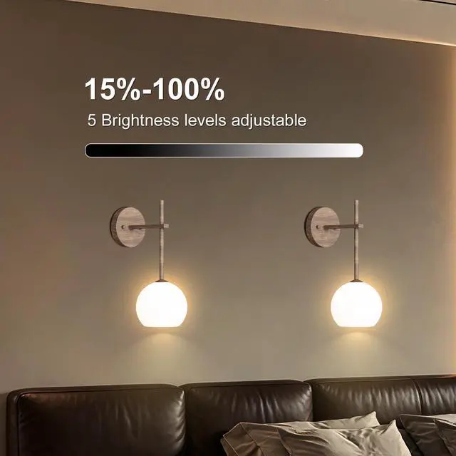 Alt view image 6 of 7 - Walnut Grain Battery Operated Wall Sconces Set of 2, Rechargeable Wireless Wall Lights with Milky White Frosted Glass, 12 RGB and 3CCT Dimmable, Wall Lamps with Remote for Bedroom Living Room Hallway