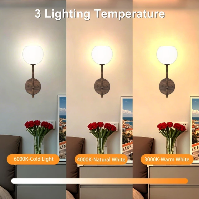 Alt view image 5 of 7 - Walnut Grain Battery Operated Wall Sconces Set of 2, Rechargeable Wireless Wall Lights with Milky White Frosted Glass, 12 RGB and 3CCT Dimmable, Wall Lamps with Remote for Bedroom Living Room Hallway