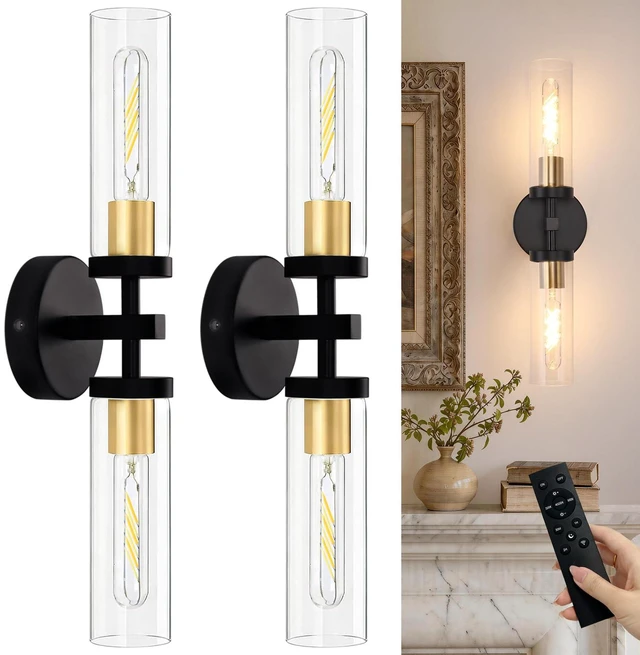 Main image of Set of 2 Wall Sconces, 7800 mAh Battery Operated Wall Sconce with 3 Colors & Remote Control, Black Gold Rechargeable Wall Lamp with Clear Glass Shade for Bedroom, Bathroom, Stairwell, Hallway