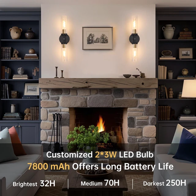 Alt view image 2 of 7 - Set of 2 Wall Sconces, 7800 mAh Battery Operated Wall Sconce with 3 Colors & Remote Control, Black Gold Rechargeable Wall Lamp with Clear Glass Shade for Bedroom, Bathroom, Stairwell, Hallway