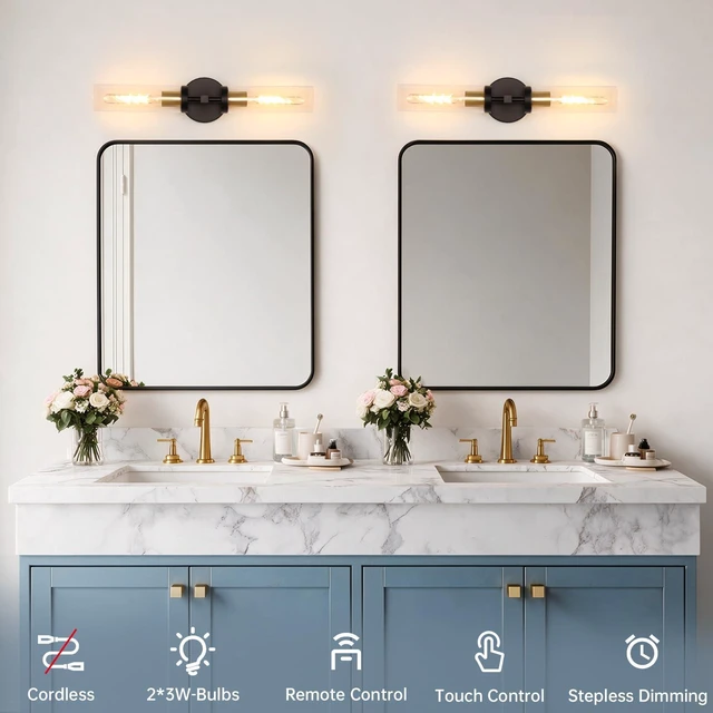 Alt view image 6 of 7 - Set of 2 Wall Sconces, 7800 mAh Battery Operated Wall Sconce with 3 Colors & Remote Control, Black Gold Rechargeable Wall Lamp with Clear Glass Shade for Bedroom, Bathroom, Stairwell, Hallway