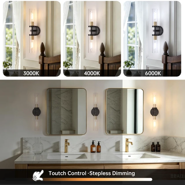 Alt view image 3 of 7 - Set of 2 Wall Sconces, 7800 mAh Battery Operated Wall Sconce with 3 Colors & Remote Control, Black Gold Rechargeable Wall Lamp with Clear Glass Shade for Bedroom, Bathroom, Stairwell, Hallway