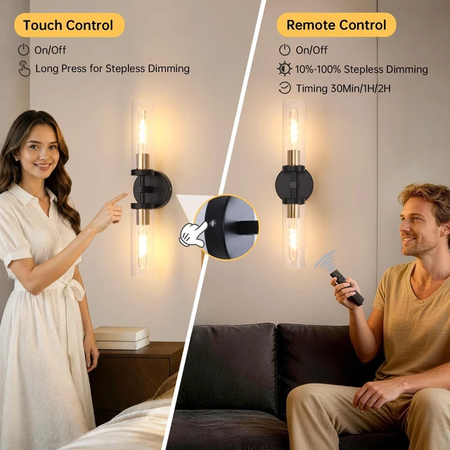 Alt view image 5 of 7 - Set of 2 Wall Sconces, 7800 mAh Battery Operated Wall Sconce with 3 Colors & Remote Control, Black Gold Rechargeable Wall Lamp with Clear Glass Shade for Bedroom, Bathroom, Stairwell, Hallway