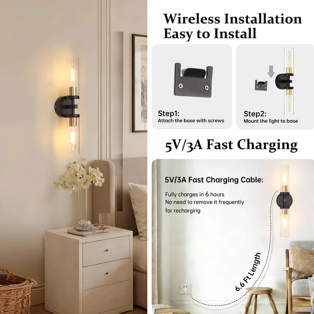 Alt view image 7 of 7 - Set of 2 Wall Sconces, 7800 mAh Battery Operated Wall Sconce with 3 Colors & Remote Control, Black Gold Rechargeable Wall Lamp with Clear Glass Shade for Bedroom, Bathroom, Stairwell, Hallway
