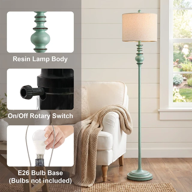 Alt view image 3 of 7 - 64.25" Farmhouse Floor Lamp for Living Room, Tall Antique Blue Standing Lamp with Rotary Switch, Vintage Reading Lamp for Bedroom & Nursery, Coastal Cottage Home Decor
