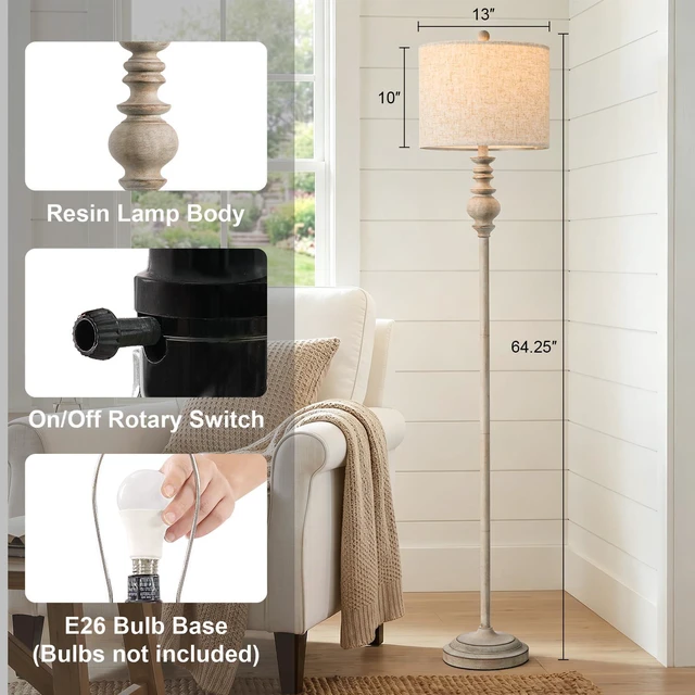 Alt view image 3 of 7 - 64.25" Farmhouse Floor Lamp for Living Room, Tall Antique Gray Standing Lamp with Rotary Switch, Vintage Reading Lamp for Bedroom & Nursery, Rustic Home Decor Corner Lamp