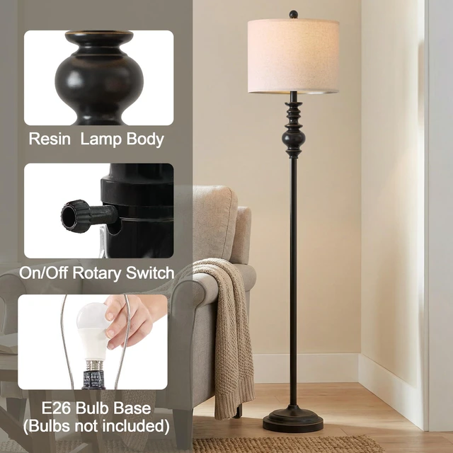 Alt view image 2 of 7 - 64.25" Farmhouse Floor Lamp for Living Room, Tall Antique Black Standing Lamp with Rotary Switch, Mid-Century Modern Reading Lamp for Bedroom & Office, Minimalist Home Decor Corner Lamp