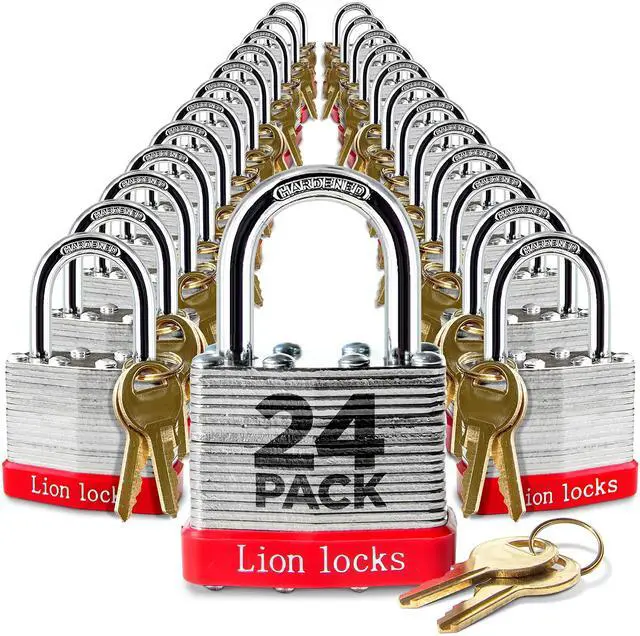 Main image of 24 Keyed-Alike Padlocks w/ 1.25 Shackle, 48 Keys, Hardened Steel Case, Brass Cylinder (24-Pack) - for Hasp Latch, Sheds, Fences, Storage Locker, School, Gym