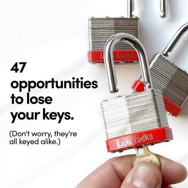 Alt view image 3 of 7 - 24 Keyed-Alike Padlocks w/ 1.25 Shackle, 48 Keys, Hardened Steel Case, Brass Cylinder (24-Pack) - for Hasp Latch, Sheds, Fences, Storage Locker, School, Gym