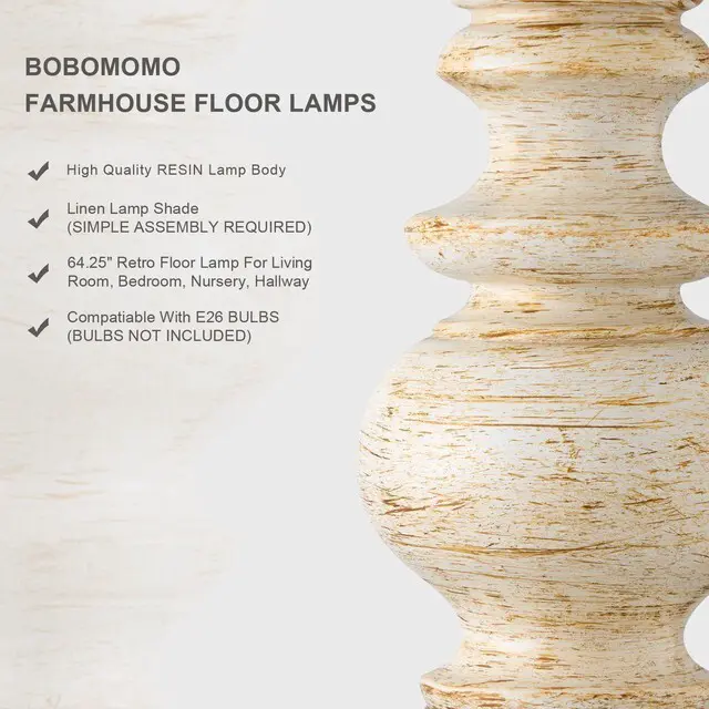 Alt view image 2 of 7 - 64.25" Farmhouse Floor Lamp for Living Room, Tall Antique White Standing Lamp with Gold Accents, Rotary Switch Reading Lamp for Bedroom & Nursery, Classic Home Decor Corner Lamp