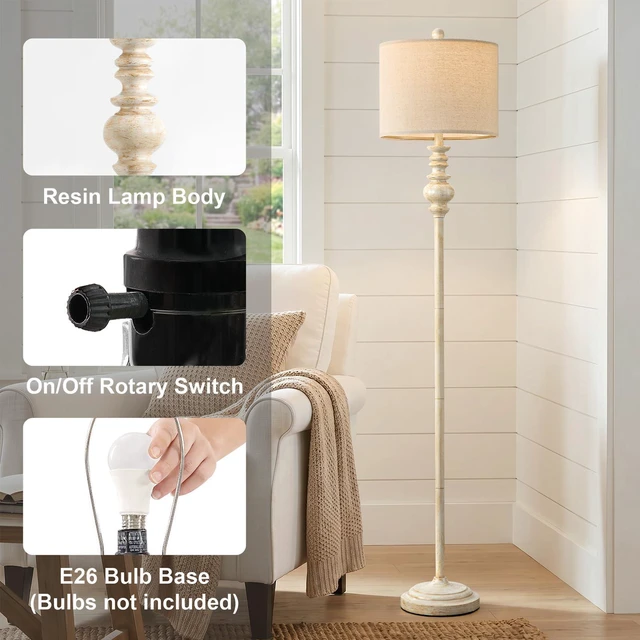 Alt view image 3 of 7 - 64.25" Farmhouse Floor Lamp for Living Room, Tall Antique White Standing Lamp with Gold Accents, Rotary Switch Reading Lamp for Bedroom & Nursery, Classic Home Decor Corner Lamp