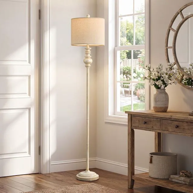 Alt view image 6 of 7 - 64.25" Farmhouse Floor Lamp for Living Room, Tall Antique White Standing Lamp with Gold Accents, Rotary Switch Reading Lamp for Bedroom & Nursery, Classic Home Decor Corner Lamp