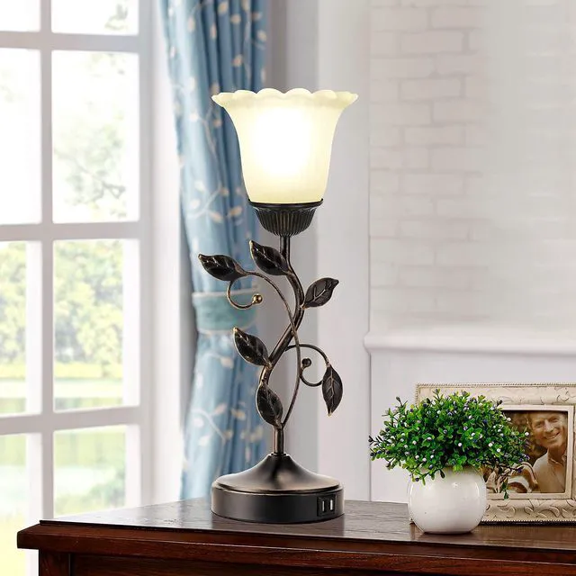 Alt view image 2 of 6 - Touch Leaf Bedside Table Lamp with 2 USB Ports Nightstand Lamps 3-Way Dimmable Vintage Lamps White Glass Shade Vintage Rural Leaf Lamp for Living Room Bedroom Side Table, LED Bulb Included