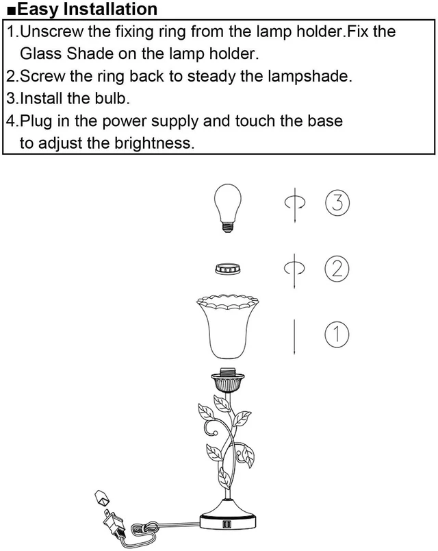 Alt view image 6 of 6 - Touch Leaf Bedside Table Lamp with 2 USB Ports Nightstand Lamps 3-Way Dimmable Vintage Lamps White Glass Shade Vintage Rural Leaf Lamp for Living Room Bedroom Side Table, LED Bulb Included