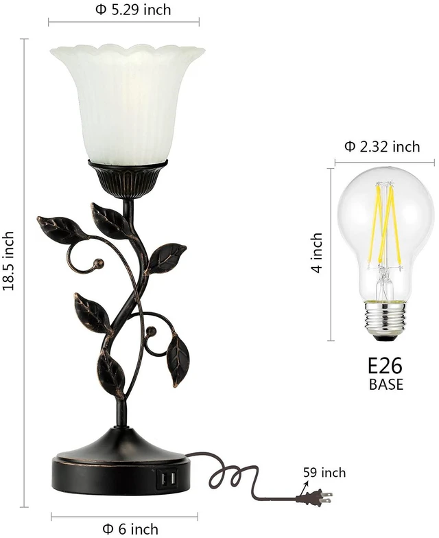 Alt view image 4 of 6 - Touch Leaf Bedside Table Lamp with 2 USB Ports Nightstand Lamps 3-Way Dimmable Vintage Lamps White Glass Shade Vintage Rural Leaf Lamp for Living Room Bedroom Side Table, LED Bulb Included