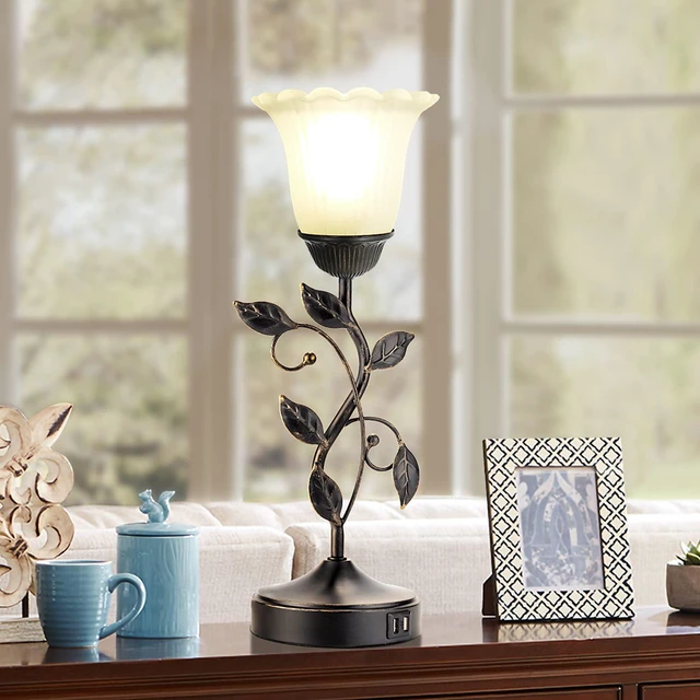 Alt view image 3 of 6 - Touch Leaf Bedside Table Lamp with 2 USB Ports Nightstand Lamps 3-Way Dimmable Vintage Lamps White Glass Shade Vintage Rural Leaf Lamp for Living Room Bedroom Side Table, LED Bulb Included