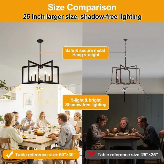 Alt view image 7 of 7 - 25"-61" Height Adjustable Modern Matte Black Chandelier for Dining Room, No Assembly Required Black Dining Room Light Fixture Over Table, Industrial Metal Pendant Lights Fixture for Kitchen Island