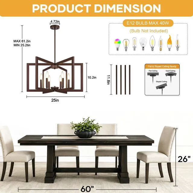 Alt view image 5 of 7 - 25"-61" Height Adjustable Modern Matte Brown Chandelier for Dining Room, No Assembly Required Brown Dining Room Light Fixture Over Table, Industrial Metal Pendant Lights Fixture for Kitchen Island