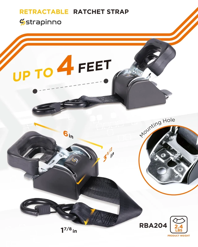 Alt view image 2 of 6 - 2PCS Retractable Ratchet Straps (1 7/8 in x 4 ft) Heavy Duty Transom Tie Downs for Boat, PWC Trailer - Extra Mounting Brackets & Bolt Set,Safety Latch S-Hook,Break Strength 2,600LBS/1,180KG