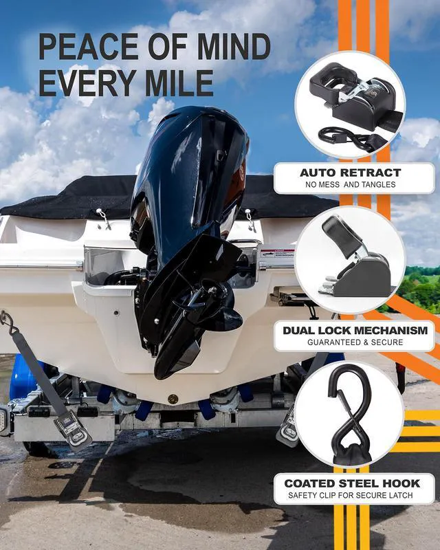 Alt view image 5 of 6 - 2PCS Retractable Ratchet Straps (1 7/8 in x 4 ft) Heavy Duty Transom Tie Downs for Boat, PWC Trailer - Extra Mounting Brackets & Bolt Set,Safety Latch S-Hook,Break Strength 2,600LBS/1,180KG