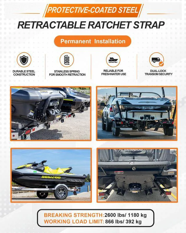Alt view image 3 of 6 - 2PCS Retractable Ratchet Straps (1 7/8 in x 4 ft) Heavy Duty Transom Tie Downs for Boat, PWC Trailer - Extra Mounting Brackets & Bolt Set,Safety Latch S-Hook,Break Strength 2,600LBS/1,180KG