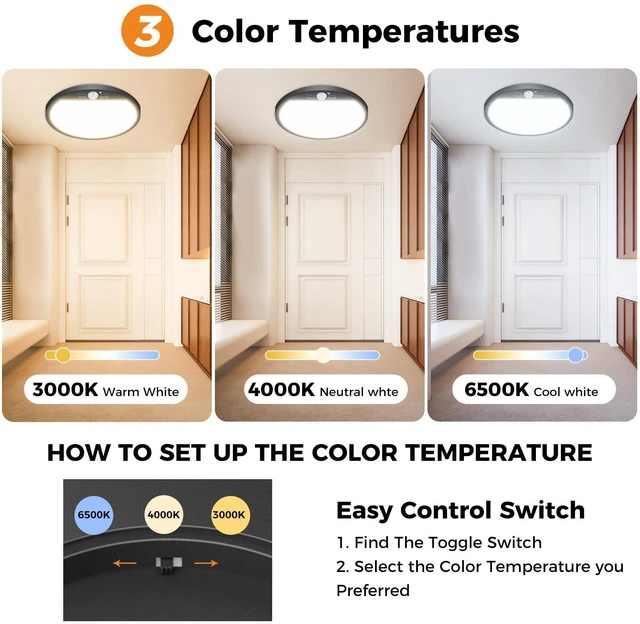 Alt view image 3 of 7 - 4Pack Motion Sensor Light Indoor Wired, 12 Inch 3000K/4000K/6500K Closet Lights Motion Sensored, 24W 2400LM Flush Mount Ceiling Light for Hallway Pantry Stairwell Porch, Black