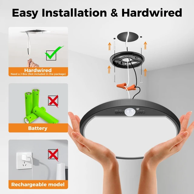 Alt view image 2 of 7 - 4Pack Motion Sensor Light Indoor Wired, 12 Inch 3000K/4000K/6500K Closet Lights Motion Sensored, 24W 2400LM Flush Mount Ceiling Light for Hallway Pantry Stairwell Porch, Black