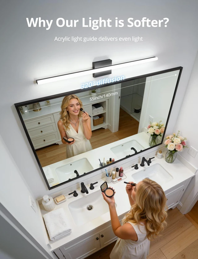 Alt view image 3 of 7 - Bathroom Vanity Light Fixtures Above Mirror, Modern Wall Lamp Black 48 Inch Extra Long, Soft Shadow Free, Sleek Slim Linear Design, Bright Makeup Lighting, IP44 Rustproof, 6000K Cool White