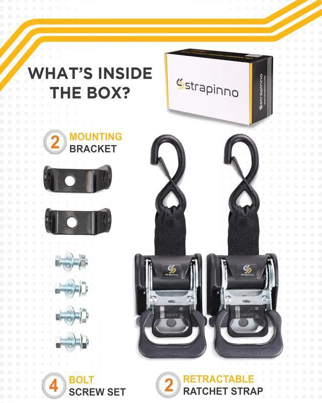 Alt view image 6 of 6 - 2PCS Retractable Ratchet Straps (1 7/8 in x 4 ft) Heavy Duty Transom Tie Downs for Boat, PWC Trailer - Extra Mounting Brackets & Bolt Set,Safety Latch S-Hook,Break Strength 2,600LBS/1,180KG