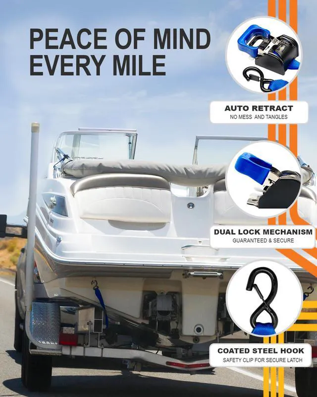 Alt view image 5 of 6 - 2PCS Retractable Ratchet Straps (1 7/8 in x 4 ft) Heavy Duty Transom Tie Downs for Boat, PWC Trailer - Extra Mounting Brackets & Bolt Set,Safety Latch S-Hook,Break Strength 2,600LBS/1,180KG