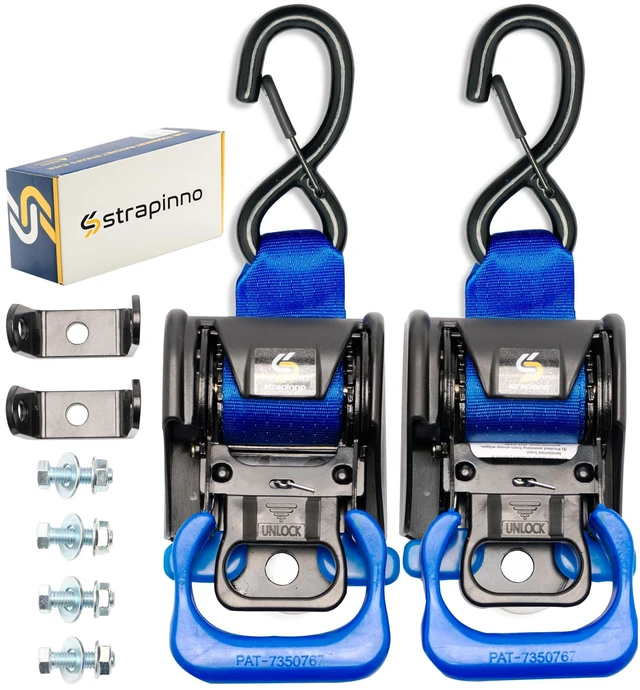 Main image of 2PCS Retractable Ratchet Straps (1 7/8 in x 4 ft) Heavy Duty Transom Tie Downs for Boat, PWC Trailer - Extra Mounting Brackets & Bolt Set,Safety Latch S-Hook,Break Strength 2,600LBS/1,180KG