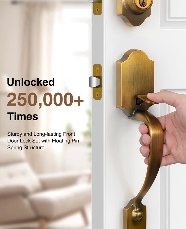 Alt view image 2 of 7 - Antique Brass Front Door Lock Set Classic for Home Entry Door Zinc Alloy, Front Door Handle and Deadbolt Set, Exterior Door Handle, Reversible Right Left, Fit 35-45MM Door Thickness