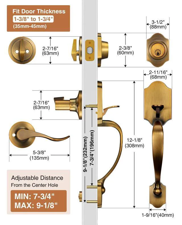 Alt view image 3 of 7 - Antique Brass Front Door Lock Set Classic for Home Entry Door Zinc Alloy, Front Door Handle and Deadbolt Set, Exterior Door Handle, Reversible Right Left, Fit 35-45MM Door Thickness