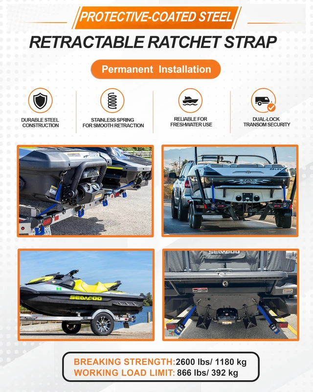 Alt view image 3 of 6 - 2PCS Retractable Ratchet Straps (1 7/8 in x 4 ft) Heavy Duty Transom Tie Downs for Boat, PWC Trailer - Extra Mounting Brackets & Bolt Set,Safety Latch S-Hook,Break Strength 2,600LBS/1,180KG