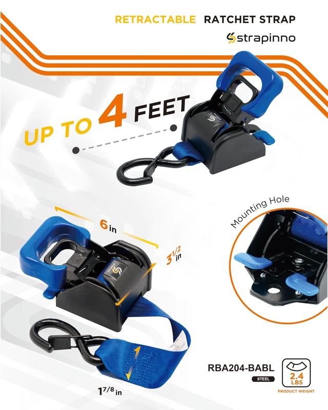 Alt view image 2 of 6 - 2PCS Retractable Ratchet Straps (1 7/8 in x 4 ft) Heavy Duty Transom Tie Downs for Boat, PWC Trailer - Extra Mounting Brackets & Bolt Set,Safety Latch S-Hook,Break Strength 2,600LBS/1,180KG