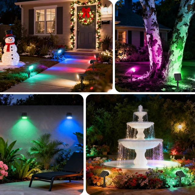 Alt view image 6 of 7 - Solar Spot Lights Outdoor, Landscape Spotlights, 12 Pack, Colored 32 LEDs, 7 Lighting Modes, IP65 Waterproof, 2-in-1 Adjustable Solar Uplights Color Changing for Yard Garden Pathway Driveway
