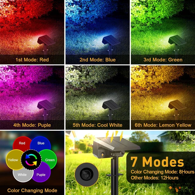 Alt view image 5 of 7 - Solar Spot Lights Outdoor, Landscape Spotlights, 12 Pack, Colored 32 LEDs, 7 Lighting Modes, IP65 Waterproof, 2-in-1 Adjustable Solar Uplights Color Changing for Yard Garden Pathway Driveway