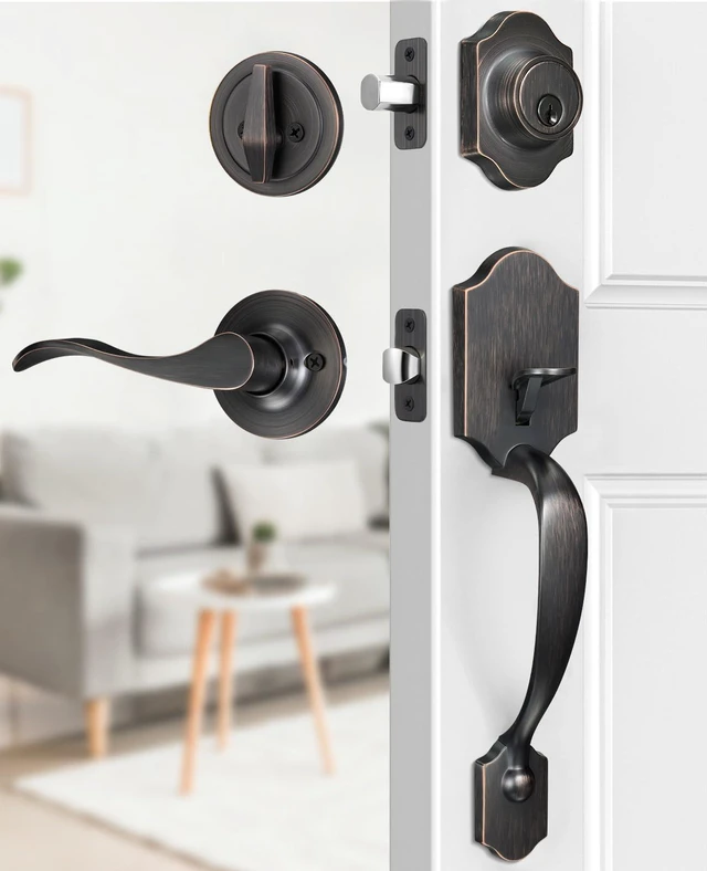 Main image of Oil Rubbed Bronze Front Door Lock Set Classic for Home Entry Door Zinc Alloy, Front Door Handle and Deadbolt Set, Exterior Door Handle, Reversible Right Left, Fit 35-45MM Door Thickness