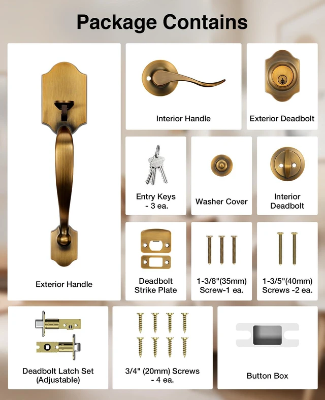 Alt view image 7 of 7 - Antique Brass Front Door Lock Set Classic for Home Entry Door Zinc Alloy, Front Door Handle and Deadbolt Set, Exterior Door Handle, Reversible Right Left, Fit 35-45MM Door Thickness