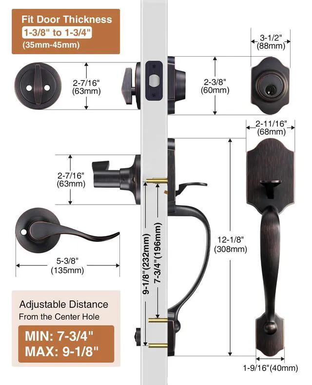 Alt view image 3 of 7 - Oil Rubbed Bronze Front Door Lock Set Classic for Home Entry Door Zinc Alloy, Front Door Handle and Deadbolt Set, Exterior Door Handle, Reversible Right Left, Fit 35-45MM Door Thickness