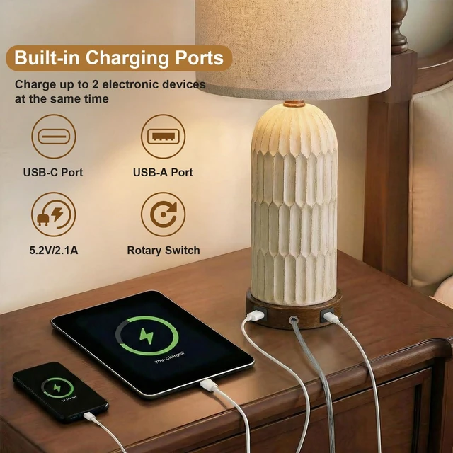 Alt view image 2 of 7 - 22" Bedside Table Lamps Set of 2, Farmhouse Lamp with USB A+C,Brown Vintage Nightstand Lamp for Bedroom, Retro Design, Home Decor for living Room, Nursery, Home Office, End Side table